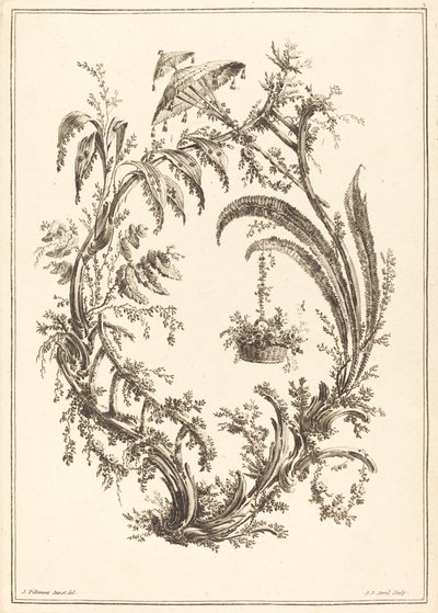 Dísz napernyővel és függő kosárral alkotó: Jean Jacques Avril I after Jean Baptiste Pillement