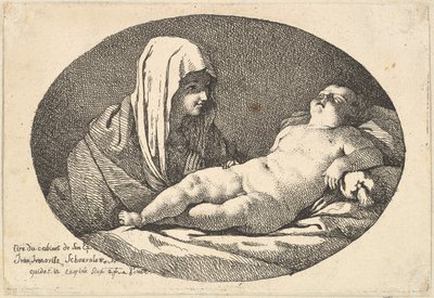 A bal oldalon lévő Szűz alvó csecsemő Krisztust nézi, ovális kompozíció, ... után, 1760-63. alkotó: Jean Jacques Lagrenee