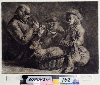 ""Az oboa"" (oboa) Egy zenész, aki oboán játszik két pásztor előtt. Jean Jacques de Boissieu (1736-1810) fametszete 1772 Ivan Kramskoy (vagy Kramskoi) Szépművészeti Múzeum Voronyezsben (Voronyezs), Oroszország. alkotó: Jean Jacques de Boissieu
