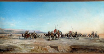 Nomádok és tevék kempingező karavánjait keresem a sivatagban. Jean Joseph Bellel (1816-1898) festménye 19. századi Montpellier, Musee Fabre - Tábort keresünk. Nomád karavánok és tevék a sivatagban. Jean Joseph Bellel (1816-1898) festménye alkotó: Jean Joseph Bellel
