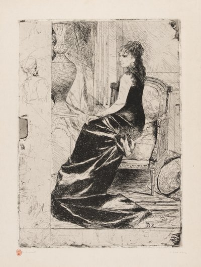 Fekete ruhás nő, 1876 körül (metszet krémszínű papírra) alkotó: Jean Joseph Benjamin Constant