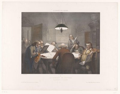 Olvasószekrény olvasó férfiakkal egy kerek asztalnál Le cabinet de előadás / The Reading Club / Das Lesecabinet (cím a tárgyon) Nevetők Múzeuma (sorozat címe) Le musée des rieurs (sorozat címe a tárgyon) alkotó: Jean Julien Jacott