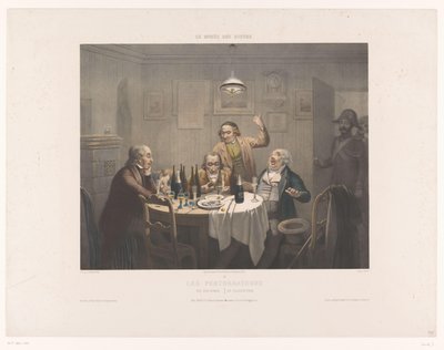 A rendőrök megzavartak egy csoport italozó férfit Les perturbateurs / The Disturbers / Die Polizeistunde (cím az objektumon) A nevetők múzeuma (sorozat címe) Le musée des rieurs (sorozat címe a tárgyon) alkotó: Jean Julien Jacott