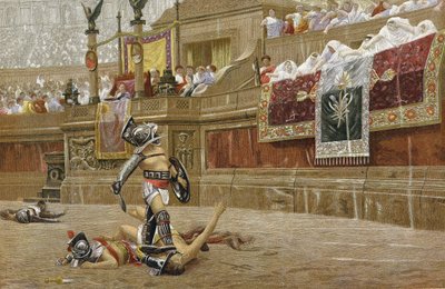 Gladiátorok a római arénában: a nézők a "hüvelykujj lefelé" jelzéssel jelzik a győztesnek, hogy ne kímélje ellenfelét. Kromolitográfia JL Gerome festménye után. alkotó: Jean Leon Gerome