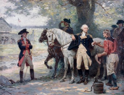 Amerikai függetlenségi háború (1775-1783): George Washington (1732-1789) félúton Brook felé, a kontinentális hadsereg katonai táborának közelében egy fiatalember italt hoz neki - Jean Leon Gerome Ferris (1863-1930 ) festménye. alkotó: Jean Leon Gerome