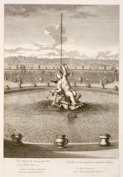 Louis Lerambert által tervezett szökőkút vízsugár nyílvesszővel, Versailles-ban, 1677 alkotó: Jean Lepautre