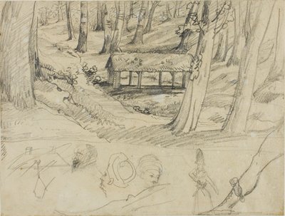 Erdei enteriőr zsúpfedeles kunyhóval, és más vázlatok alkotó: Jean Louis André Théodore Géricault