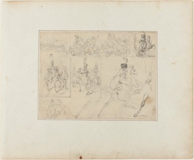 Vázlatok lapja: Lovassági csaták és lovas katonák alkotó: Jean Louis André Théodore Géricault