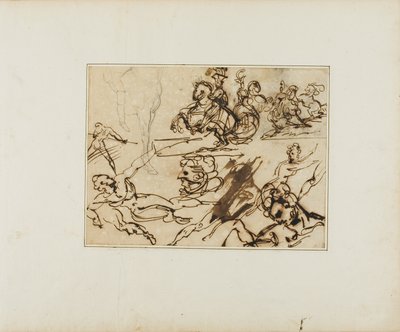 Vázlatok lapja: Lándzsások, Küzdelmes aktok, Egyéb témák alkotó: Jean Louis André Théodore Géricault