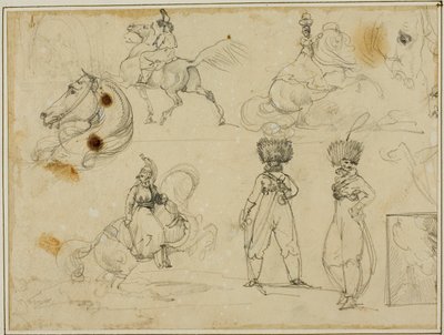 Vázlatok lapja: Katonák, lovak és egy tájkép alkotó: Jean Louis André Théodore Géricault