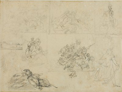 Vázlatok egy lovassági csatáról, katonákról és egy tájról alkotó: Jean Louis André Théodore Géricault