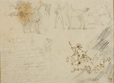 Lóvázlatok, lovat tartó lovász, lovassági csata alkotó: Jean Louis André Théodore Géricault