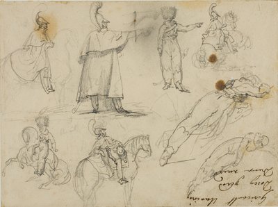 Katonák és lovak vázlatai alkotó: Jean Louis André Théodore Géricault