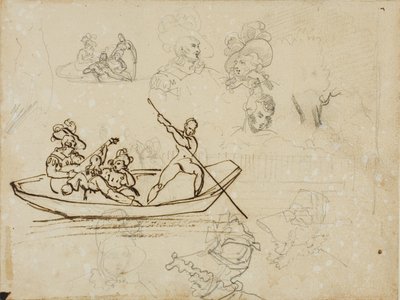 Vázlatok egy zenés csónakázó partiról és egy magas kalapot viselő nőről alkotó: Jean Louis André Théodore Géricault