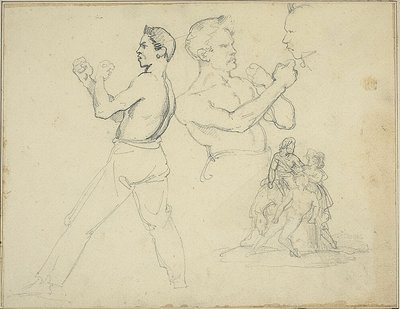 Tanulmányok bokszolókról és két alak által kísért lovas vázlata alkotó: Jean Louis André Théodore Géricault