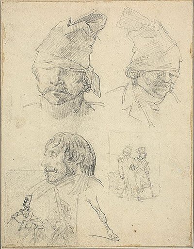 Tanulmányok a fejek és két kompozíciós tanulmányok alkotó: Jean Louis André Théodore Géricault