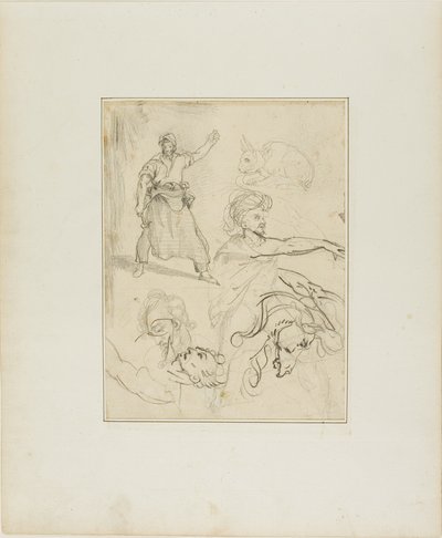 Tanulmányok egy kovácsról és egy lófejről, más alakok és egy nyúl vázlatával alkotó: Jean Louis André Théodore Géricault