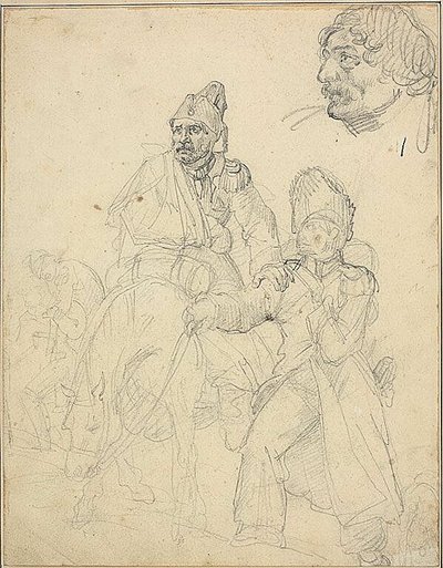 Tanulmány az alakcsoportról, a gránátos fejének részletével alkotó: Jean Louis André Théodore Géricault
