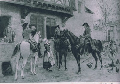 Megállás egy fogadóban, illusztráció a Cassells Romance of Famous Lives című filmből, 1940 körül alkotó: Jean Louis Ernest Meissonier
