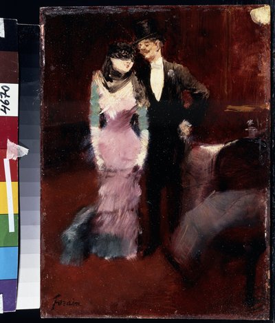Álarcos bál indulása a párizsi operában. Jean-Louis Forain festménye (Jean Louis Forain alkotó: Jean Louis Forain
