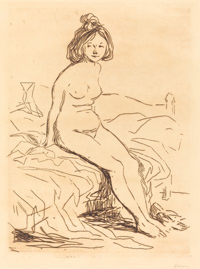 Meztelen nő, ül az ágyán, elölnézet alkotó: Jean Louis Forain
