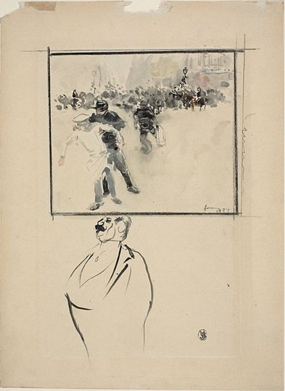Skizzen einer gerahmten Aufruhrszene und eines Mannes (recto); Frau mit Haube (verso) von Jean-Louis Forain
