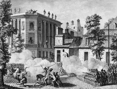 Francia forradalom: akció a német királyi és a francia gárda között a francia gárda raktára előtt július 12-én alkotó: Jean Louis II (after) Prieur