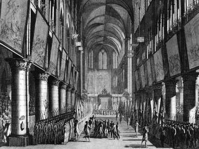 Francia forradalom: Monsignor Juigne a Nemzeti Gárda zászlóinak áldását a Notre Dame-templomban szeptember 27-én alkotó: Jean Louis II (after) Prieur