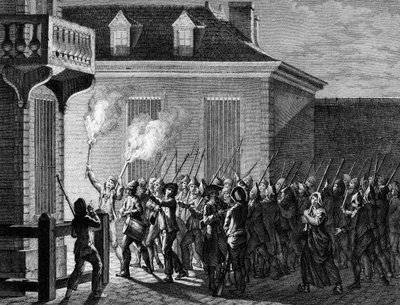 Francia forradalom: Párizs népi őrsége 1789. július 12-ről 13-ra virradó éjszaka. Berthaut metszete prior után. Párizs, a Forradalomtörténeti Intézet könyvtára alkotó: Jean Louis II (after) Prieur
