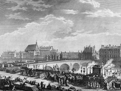 Francia forradalom: Francois Marie Arouet dit Voltaire (1694-1778) diadala 1791. július 11-én (a Voltaire maradványait tartalmazó funebre tank a Királyi hídon található). Berthaut metszete Prior után. Párizs, a Történeti Intézet könyvtára alkotó: Jean Louis II (after) Prieur