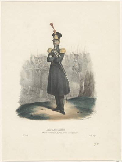 Az Országos Milícia tisztje, 1829 Gyalogság / Nemzeti Milícia, tiszti levetkőzés (cím a tárgyon) Belga jelmezek: régi és modern, katonai, polgári és vallási, 1830 (sorozat címe) alkotó: Jean Louis Van Hemelryck