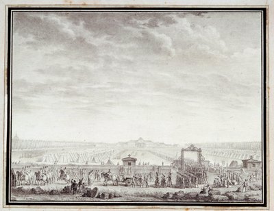 Francia forradalom: „” Les troupes du Champ-de-Mars a Place XV-re indul: 1789. július 12.”” Jean-Louis Prieur (1759-1795) tintával és mosással rajza 18. század. Mérete 0,17x0,23 m. Párizs, Carnavalet Múzeum alkotó: Jean Louis the Younger Prieur