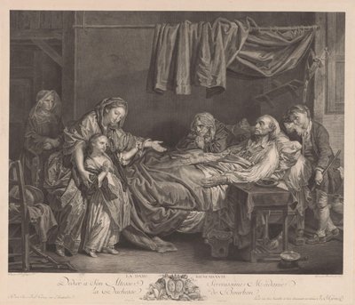 Család egy betegágy körül La Dame Bienfaisante (cím a tárgyon) alkotó: Jean Massard
