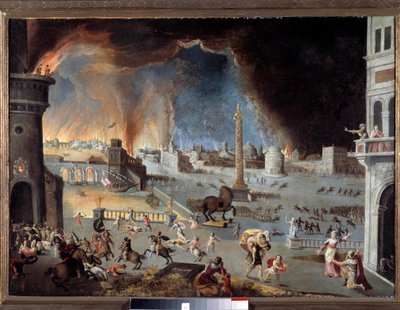 A trójai jelenet elfoglalása a trójai háborúban, a várost elpusztítják a görögök, akik a lónak köszönhetően behatoltak a városba. Jean Maublanc (1582-1628) festménye. 17. század. Besancon, musee des Beaux Arts - A trójai bukása - A trójai jelenet W alkotó: Jean Maublanc