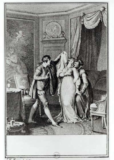 „Vedd le a fátylat” – mondta az öregasszony Candide-nak – illusztráció Francois Voltaire (1694-1778) „Candide” című művének 7. fejezetéből, 1787 (metszet) (bw fotó) alkotó: Jean Michel the Younger Moreau