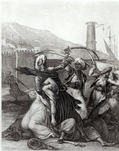 „A kapitányom mögöttem rejtőzött, és kihúzott szablyájával mindenkit levágott, aki ellenezte” – illusztráció Francois Voltaire (1694-1778) „Candide” című művének 11. fejezetéből (metszet) (f/w fotó) alkotó: Jean Michel the Younger (after) Moreau