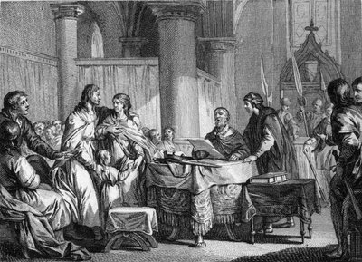 Carloman (kb. 715-754), az ausztráliai palota polgármesterének lemondatása testvére, Pepin III dit Pepin le Brief (714-768), 747 javára. Jean Michel Moreau metsze, dit Moreau le Jeune ( 1741-1814) alkotó: Jean Michel the Younger Moreau