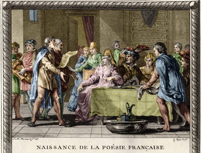 A francia költészet születése: A trubadúrok, majd a zsonglőrök és a ménetierek mondják el az első verseket franciául a XII. századi nemesek ünnepei során. Moreau le Jeune metszete alkotó: Jean Michel the Younger Moreau