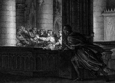 Összeesküvés Nagy Károly ellen, 792: egy lord meglepi a frankok királyának meggyilkolását tervező összeesküvők beszélgetését. Közülük Bossu Pepin (769-811), Nagy Károly fia. Jean Michel Moreau metszete, Moreau le Jeune (1741 alkotó: Jean Michel the Younger Moreau