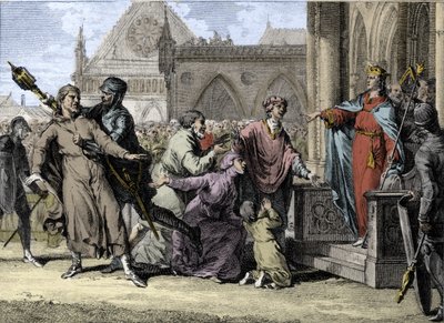 1. Dagobert (602/605-638), a frankok királya megpróbálja érvényesíteni a királyi hatalmat Burgundiában azáltal, hogy meghallgatja a lakosság panaszait uraik ellen. Jean Michel Moreau metszete, Moreau le Jeune (1741-1814) alkotó: Jean Michel the Younger Moreau