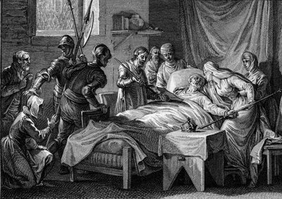 II. Kopasz Károly (823-877) halála és utódlása, 877: a király átadta a császárnőnek a császári koronát, arany jogarát, Szent Péter kardját és a végrendeletet, amellyel fiát, Bége Lajost örökölte. . Metszet: J alkotó: Jean Michel the Younger Moreau
