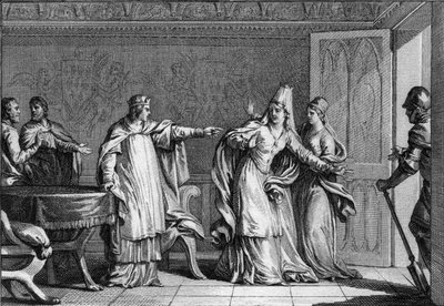 V. Faineant Lajos (966-987), a frankok királya kiutasítja anyját, Emma olasz királynőt (945-988), akit férje, Lothaire király (941-986) megmérgezésével vádolnak, 987. Jean Michel Moreau metsze , dit Moreau le Jeune (1741-1814) alkotó: Jean Michel the Younger Moreau