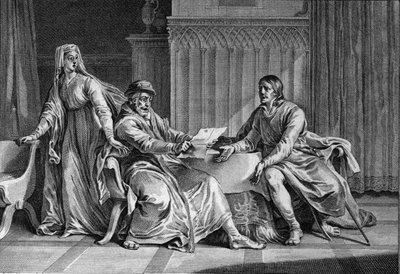 Gros Lajos (1081-1137) megmutatja apjának, I. Fülöpnek (1052-1108) azt a levelet, amelyben állítólag arra kérte az angol királyt, hogy gyilkolja meg Lajost. Bertrade de Montfort (kb. 1070-1118), Philippe felesége és a levél feltételezett szerzője szintén j alkotó: Jean Michel the Younger Moreau