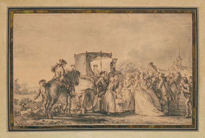 Marie Antoinette, aki kiszáll a hintójából, körülvéve a kortezsével, vigasztal egy parasztot, 1773 alkotó: Jean Michel the Younger Moreau