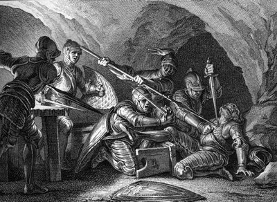Az Aquitániai Hercegség találkozója a koronával: Waifre (vagy Gaifier), Aquitánia hercegének meggyilkolása (767 vagy 768). Romanet metszete Moreau le jeune (1779) nyomán. alkotó: Jean Michel the Younger Moreau