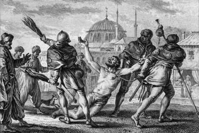 Nerra szárcsa (972/987-1040), Anjou grófja, zarándoklat Jeruzsálemben. Meztelenül, kötéllel a nyakába húzzák a város utcáin, miközben az egyik zsellére yardokkal ostorozza, és Isten kegyelmét kéri. 11. század. Jean Mich metszete alkotó: Jean Michel the Younger Moreau