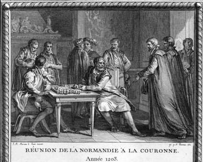 Normandia kötődése Franciaországhoz 1203-ban: a metszet Jean Sans Terre-t (1167-1216) ábrázolja, amint Philippe Auguste francia király hírét kapta Rouen elfoglalásáról. Moreau le jeune metszete alkotó: Jean Michel the Younger Moreau