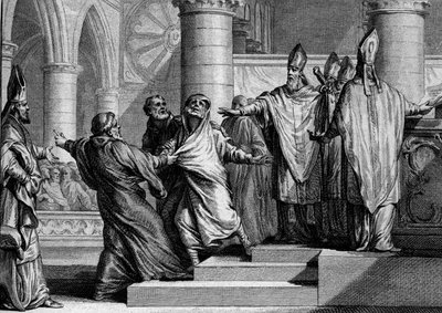 I. Jámbor Lajos vagy Debonnaire (778-840) bűnbánata és letétele, 833: gyónása után a királyt a Reims-i Archeveque megfosztja a császári díszektől, majd letakarja egy bűnbánó zsákkal. Jean Michel Moreau metszete, a Moreau le Jeu alkotó: Jean Michel the Younger Moreau
