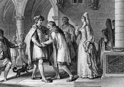 I. Fülöp (1052-1108), a frankok királya, Anjou grófja, Foulques le Rechin (1042-1109) udvarába látogat. Ez az utazás ürügy arra, hogy megszervezzék házasságát Bertrade de Montforttal (1070-1118 körül), gróf feleségével. 1095. Jean Mich metszete alkotó: Jean Michel the Younger Moreau