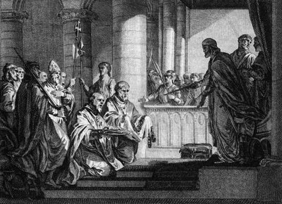 III. Gergely pápa (meghalt 741-ben) segítséget kért Martel Károly frankok királyától (688-741) az olaszországi lombard csapatok visszaszorításához, 741. Jean Michel Moreau metsze, dit Moreau le Jeune (1741-1814) alkotó: Jean Michel the Younger Moreau